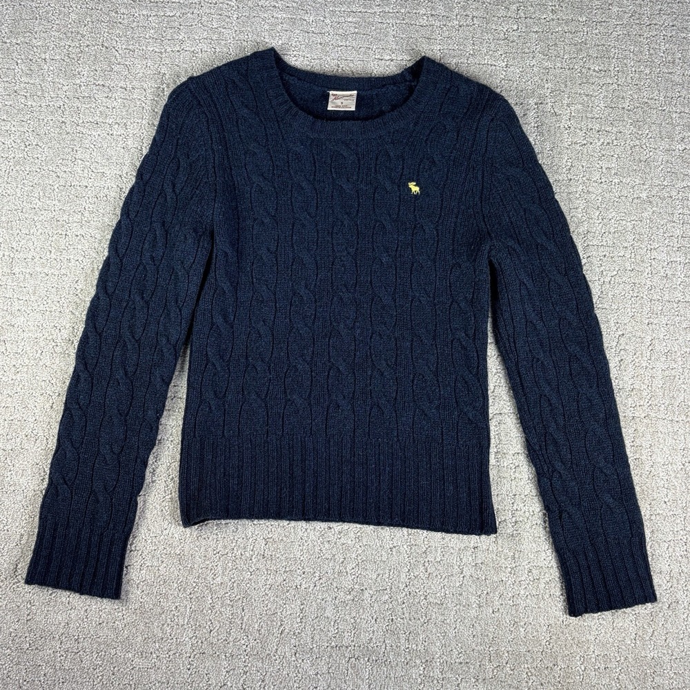 VTG Abercrombie & Fitch Wool Cable Knit Sweater S Navy Blue Y2K Minimalist Unif